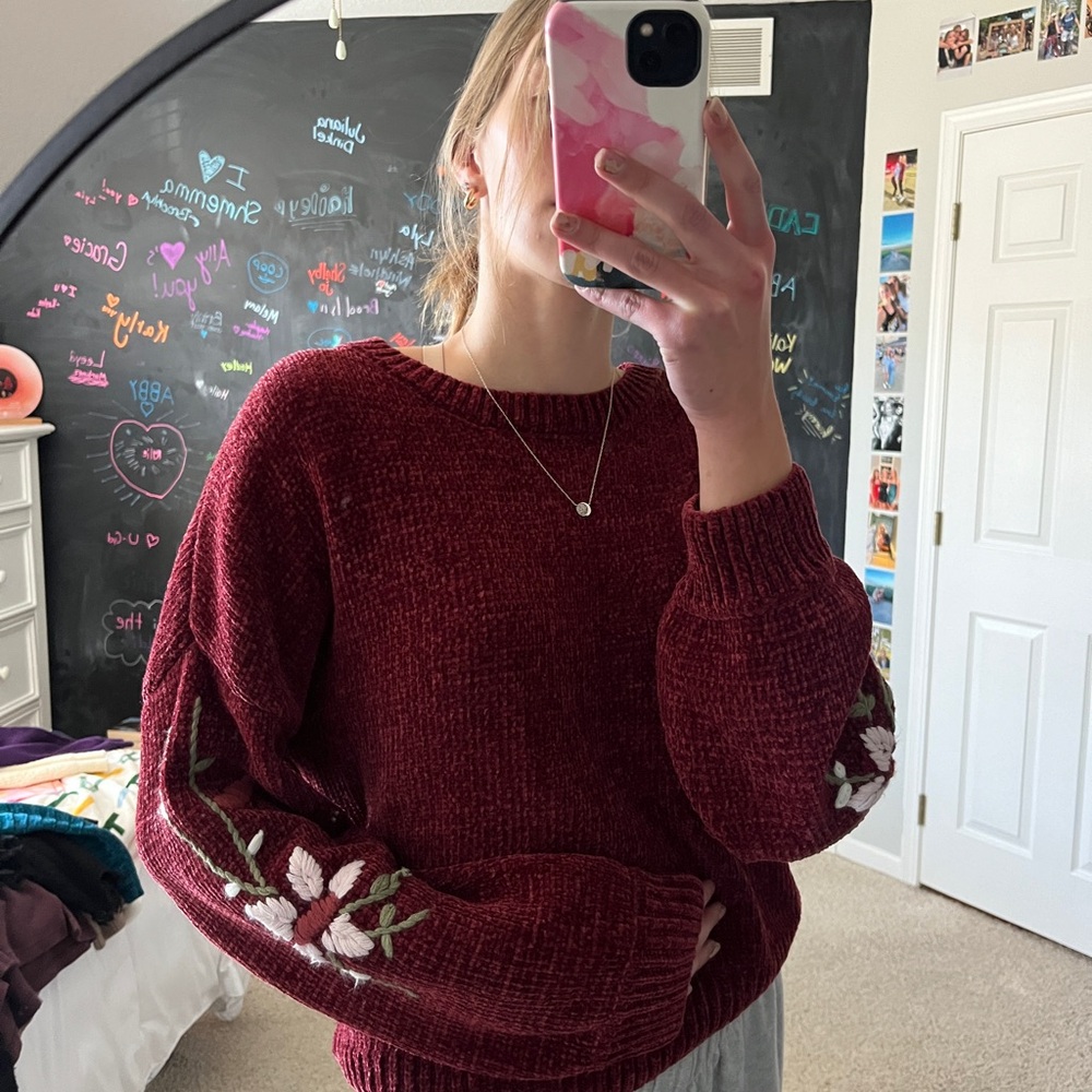 Burgundy Floral Sleeve Sweater